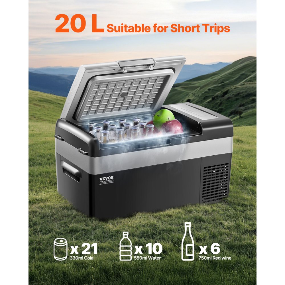 VEVOR Portable Car Refrigerator, 20L Car Refrigerator Fridge, 12V/24V/100-240V Single Zone Portable Freezer, -20℃ to 20℃ Adjustable Temperature, Compressor Cooler for Home, Outdoor, Camping, RV, Car