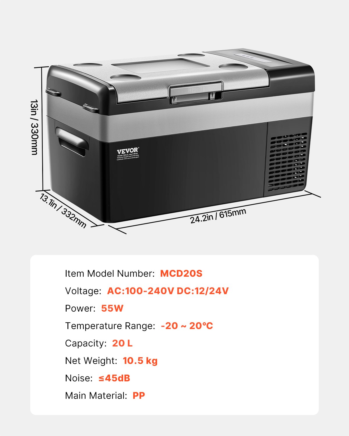 VEVOR Portable Car Refrigerator, 20L Car Refrigerator Fridge, 12V/24V/100-240V Single Zone Portable Freezer, -20℃ to 20℃ Adjustable Temperature, Compressor Cooler for Home, Outdoor, Camping, RV, Car