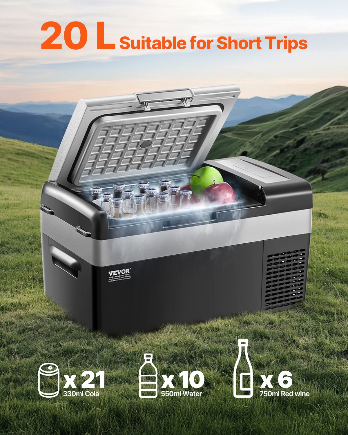 VEVOR Portable Car Refrigerator, 20L Car Refrigerator Fridge, 12V/24V/100-240V Single Zone Portable Freezer, -20℃ to 20℃ Adjustable Temperature, Compressor Cooler for Home, Outdoor, Camping, RV, Car