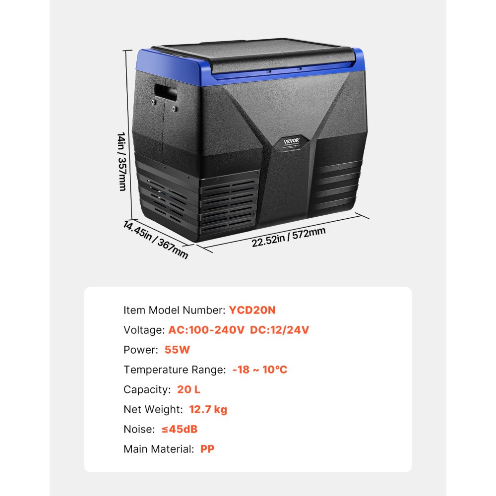 VEVOR Portable Car Refrigerator, 20L Car Refrigerator Fridge, 12V/24V/100-240V Single Zone Portable Freezer, -18℃ to 10℃ Adjustable Temperature, Compressor Cooler for Home, Outdoor, Camping, RV, Car