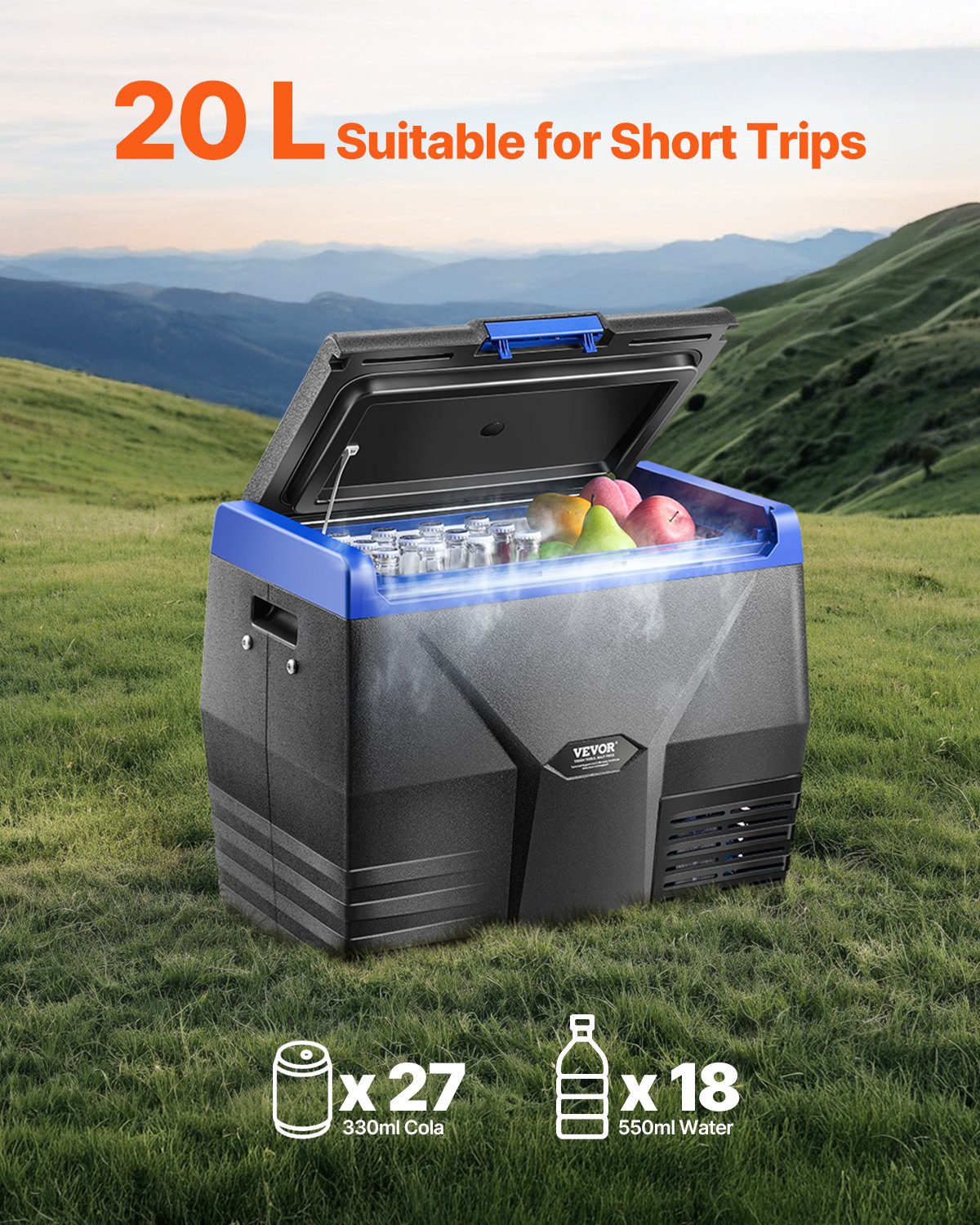 VEVOR Portable Car Refrigerator, 20L Car Refrigerator Fridge, 12V/24V/100-240V Single Zone Portable Freezer, -18℃ to 10℃ Adjustable Temperature, Compressor Cooler for Home, Outdoor, Camping, RV, Car