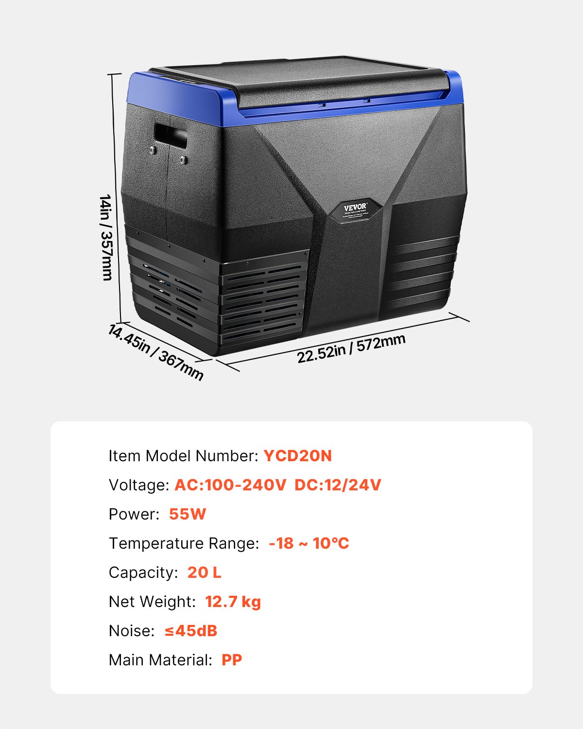 VEVOR Portable Car Refrigerator, 20L Car Refrigerator Fridge, 12V/24V/100-240V Single Zone Portable Freezer, -18℃ to 10℃ Adjustable Temperature, Compressor Cooler for Home, Outdoor, Camping, RV, Car