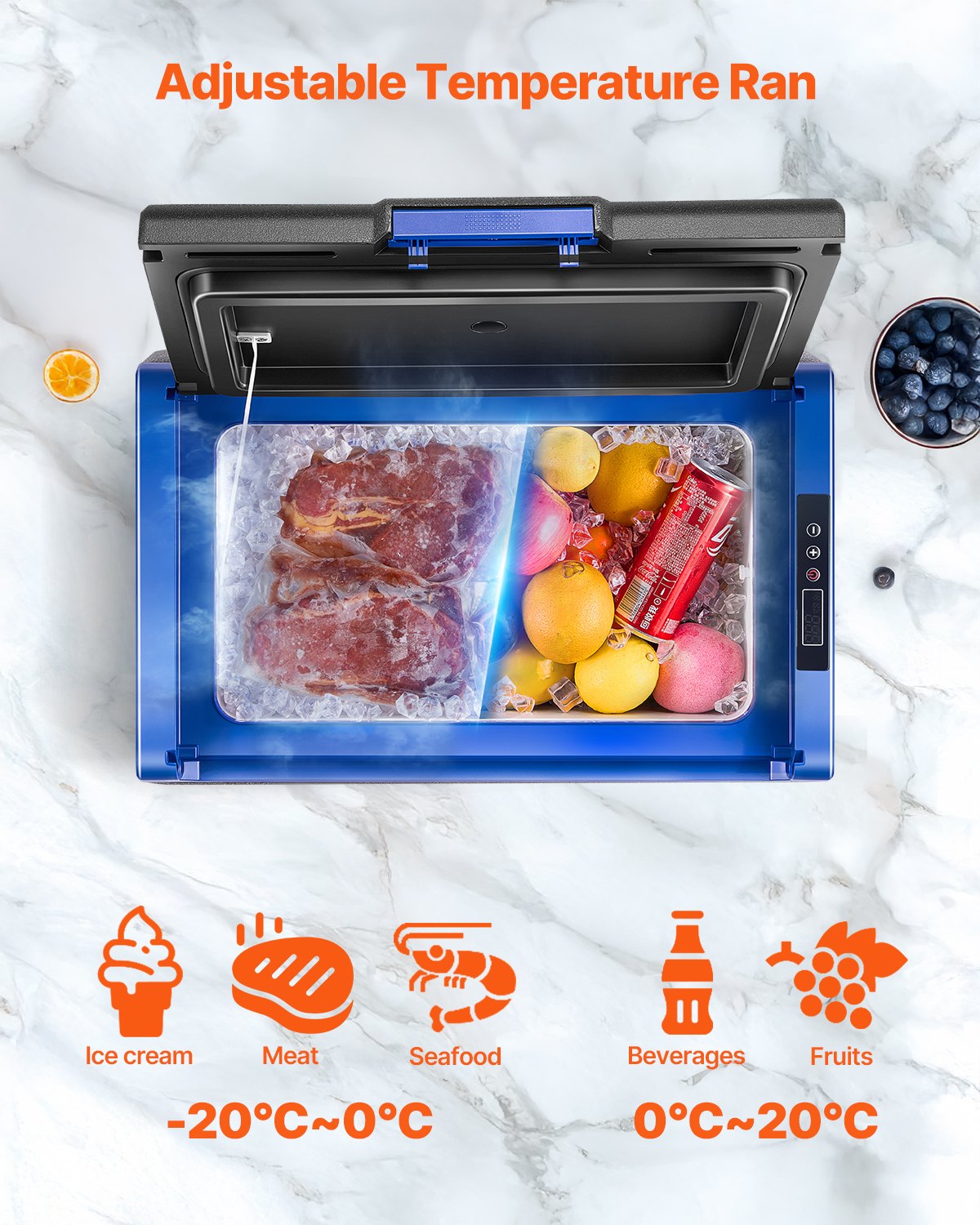 VEVOR Portable Car Refrigerator, 20L Car Refrigerator Fridge, 12V/24V/100-240V Single Zone Portable Freezer, -18℃ to 10℃ Adjustable Temperature, Compressor Cooler for Home, Outdoor, Camping, RV, Car
