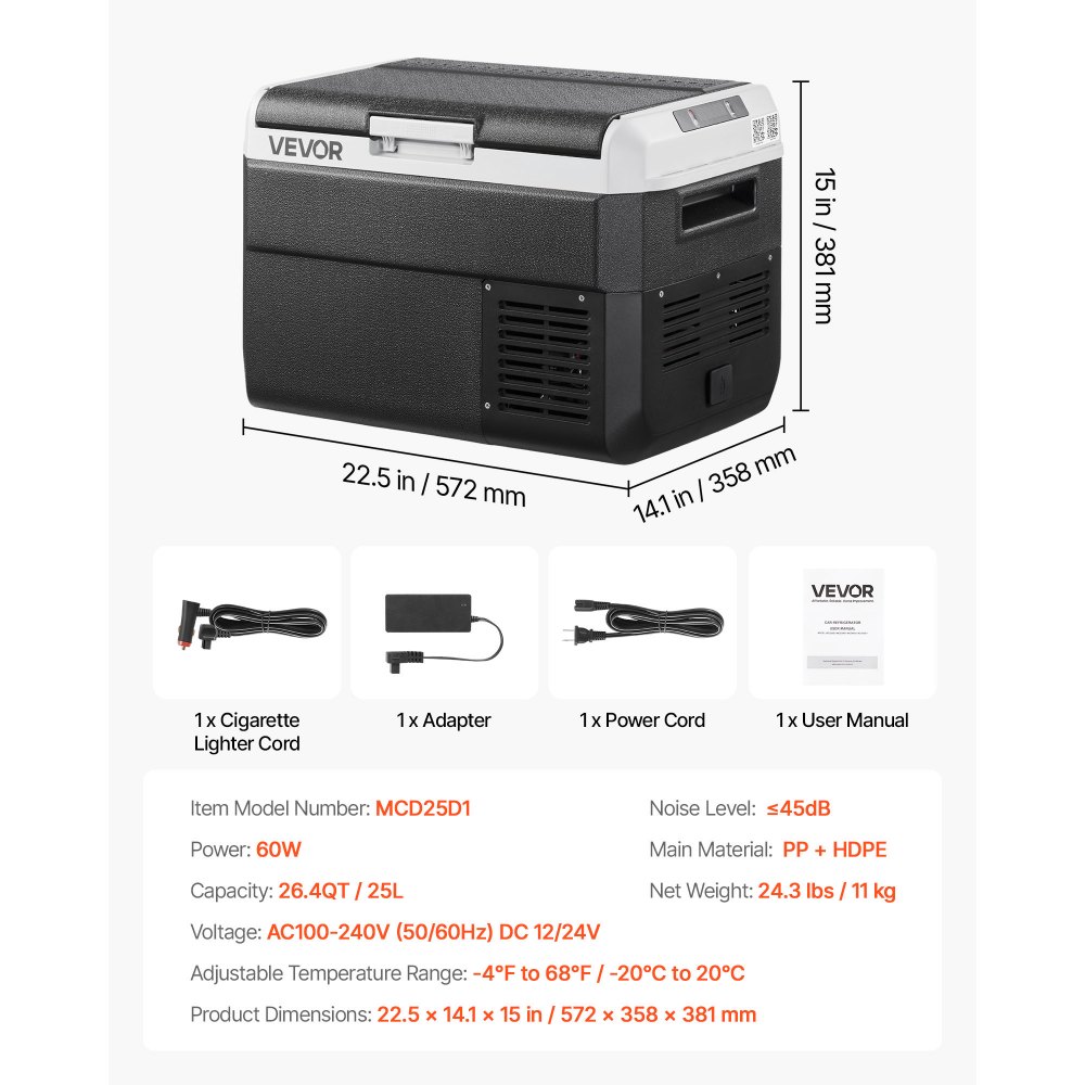 VEVOR 12 Volt Car Refrigerator, 26.4QT/25L Car Fridge, Portable Electric Cooler with -4℉~68℉ Adjustable Temperature, 12/24V DC and 100- 240V AC Compressor Freezer for Outdoor, Camping, Travel, RV
