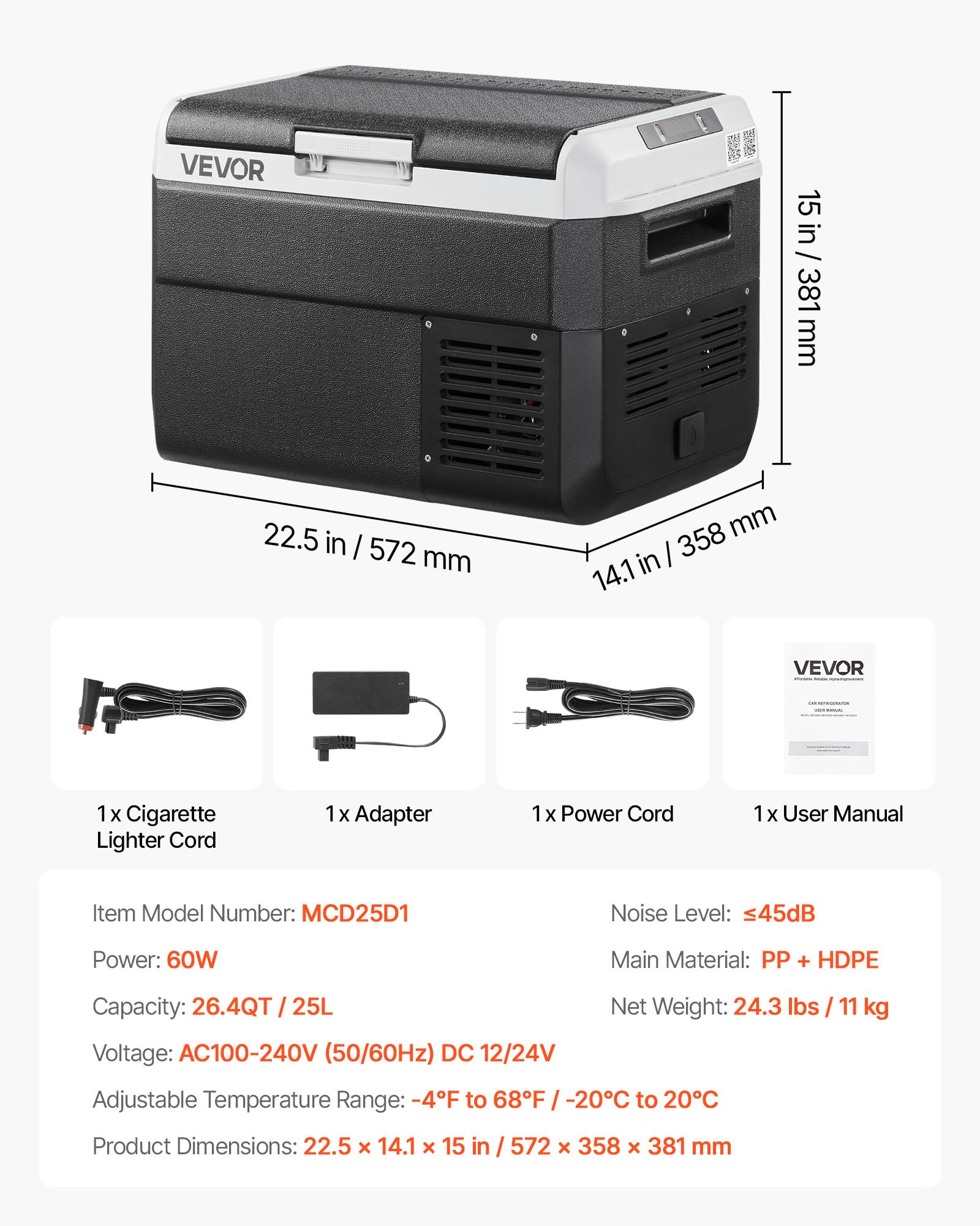 VEVOR 12 Volt Car Refrigerator, 26.4QT/25L Car Fridge, Portable Electric Cooler with -4℉~68℉ Adjustable Temperature, 12/24V DC and 100- 240V AC Compressor Freezer for Outdoor, Camping, Travel, RV