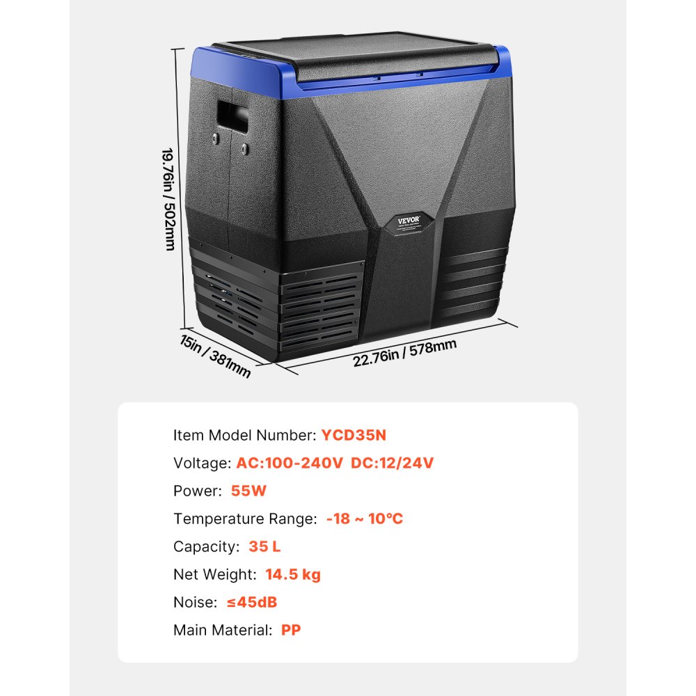VEVOR Portable Car Refrigerator, 35L Car Refrigerator Fridge, 12V/24V/100-240V Single Zone Portable Freezer, -18℃ to 10℃ Adjustable Temperature, Compressor Cooler for Home, Outdoor, Camping, RV, Car
