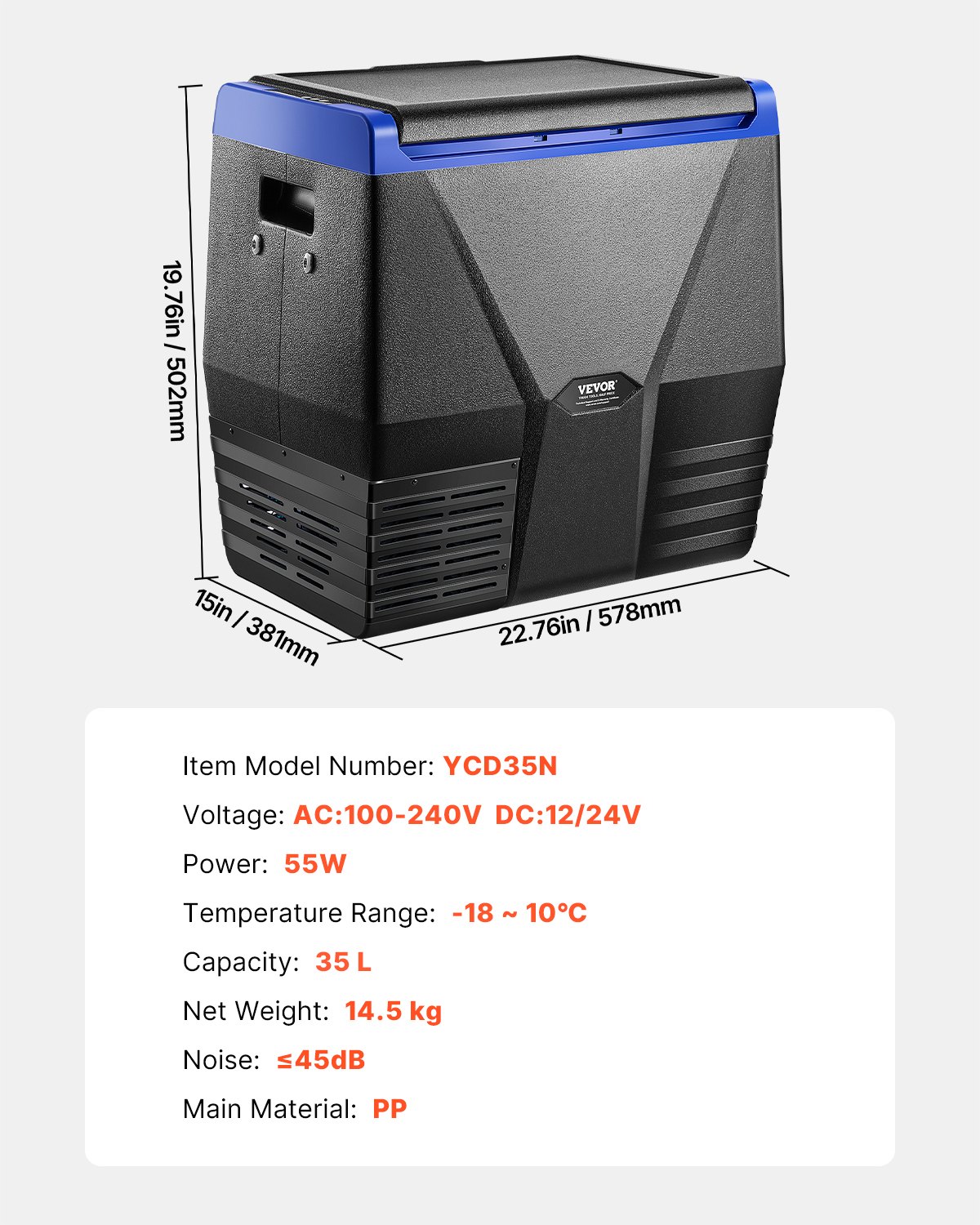 VEVOR Portable Car Refrigerator, 35L Car Refrigerator Fridge, 12V/24V/100-240V Single Zone Portable Freezer, -18℃ to 10℃ Adjustable Temperature, Compressor Cooler for Home, Outdoor, Camping, RV, Car