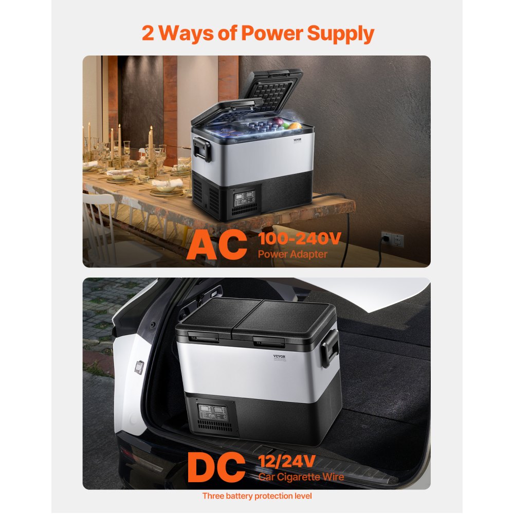 VEVOR Portable Car Refrigerator, 35L Car Refrigerator Fridge, 12V/24V/100-240V Dual Zone Portable Freezer, -18℃ to 10℃ Adjustable Temperature, Compressor Cooler for Home, Outdoor, Camping, RV, Car