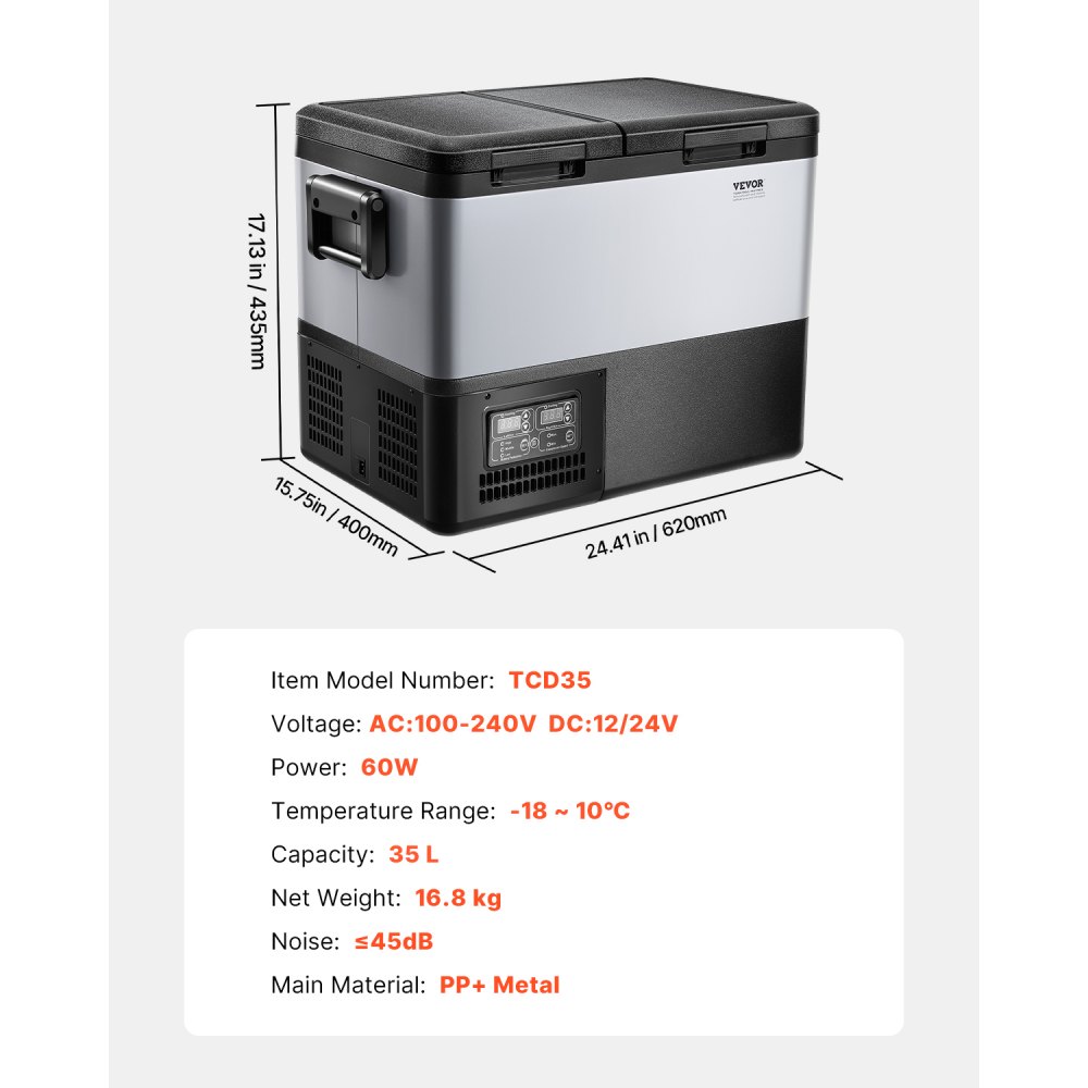 VEVOR Portable Car Refrigerator, 35L Car Refrigerator Fridge, 12V/24V/100-240V Dual Zone Portable Freezer, -18℃ to 10℃ Adjustable Temperature, Compressor Cooler for Home, Outdoor, Camping, RV, Car