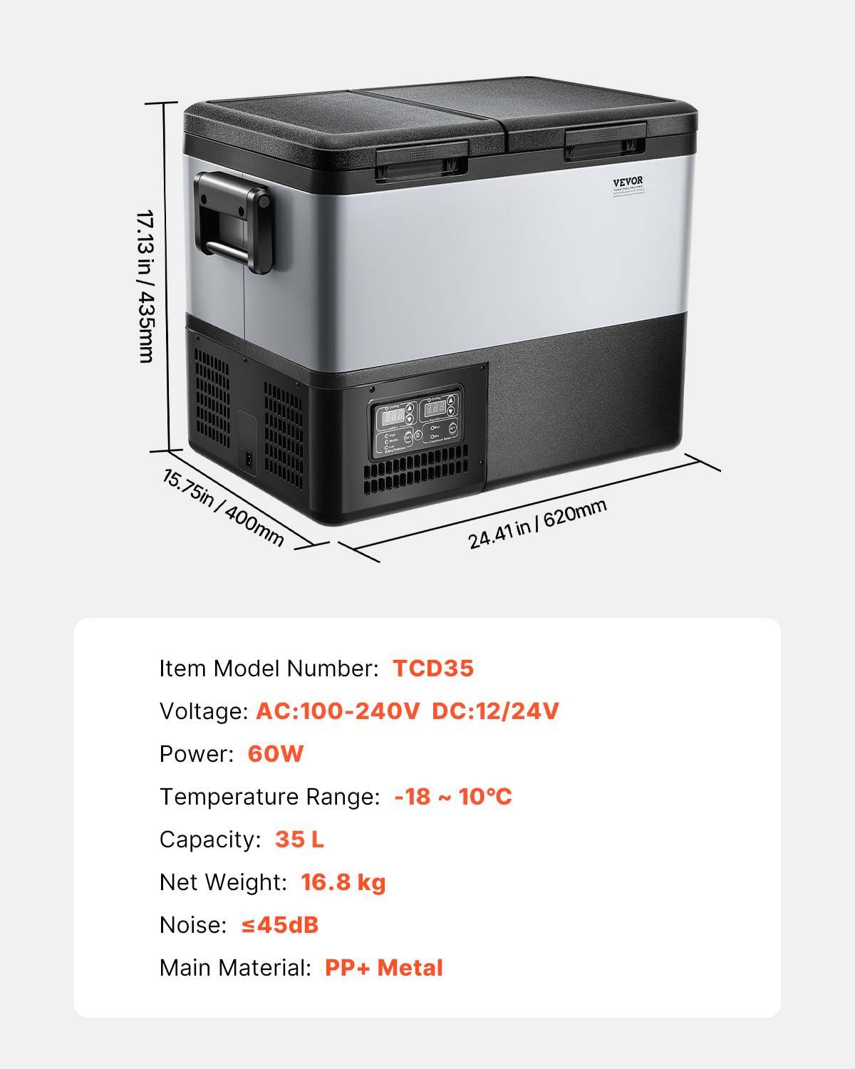VEVOR Portable Car Refrigerator, 35L Car Refrigerator Fridge, 12V/24V/100-240V Dual Zone Portable Freezer, -18℃ to 10℃ Adjustable Temperature, Compressor Cooler for Home, Outdoor, Camping, RV, Car