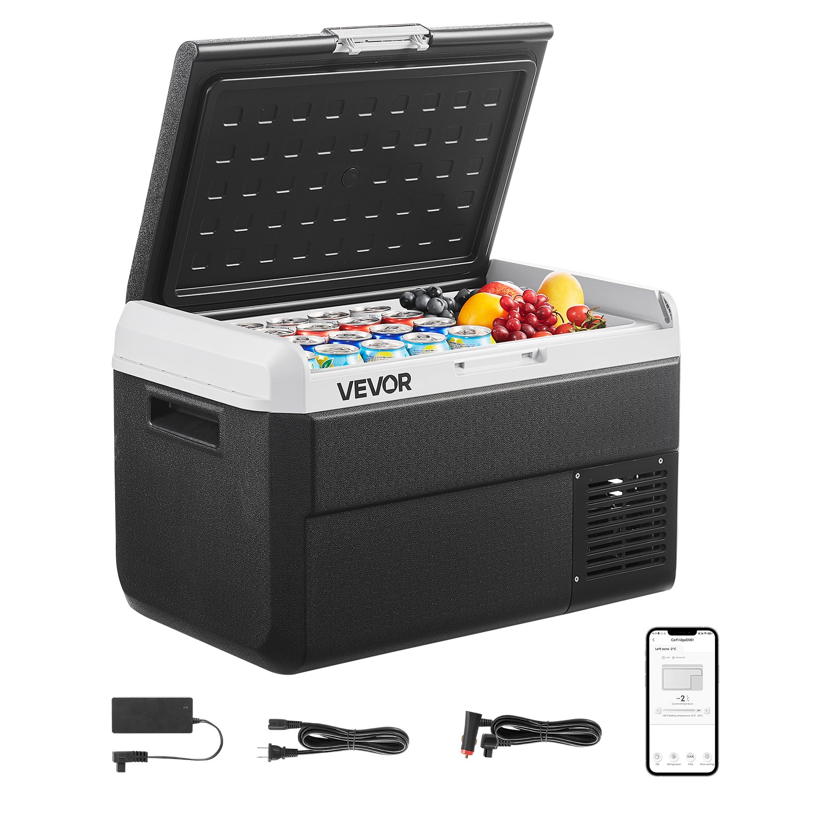 Refrigerador para coche VEVOR de 12 voltios, 42,3 cuartos/40 litros, enfriador eléctrico portátil con temperatura ajustable de -20 °C a 20 °C, compresor de 12/24 V CC y 100-240 V CA, ideal para exteriores, camping, viajes y autocaravanas.