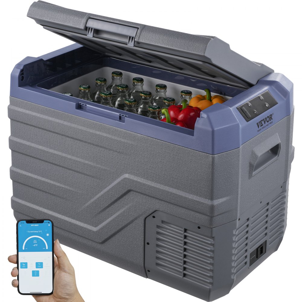 open VEVOR portable car refrigerator filled with bottles and vegetables, and a hand holding a smartphone.