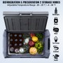 VEVOR portable car refrigerator with beverages, fruits, and vegetables stored, showcasing storage modes and temperature range.