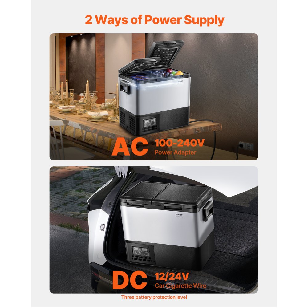 VEVOR Portable Car Refrigerator, 45L Car Refrigerator Fridge, 12V/24V/100-240V Dual Zone Portable Freezer, -18℃ to 10℃ Adjustable Temperature, Compressor Cooler for Home, Outdoor, Camping, RV, Car