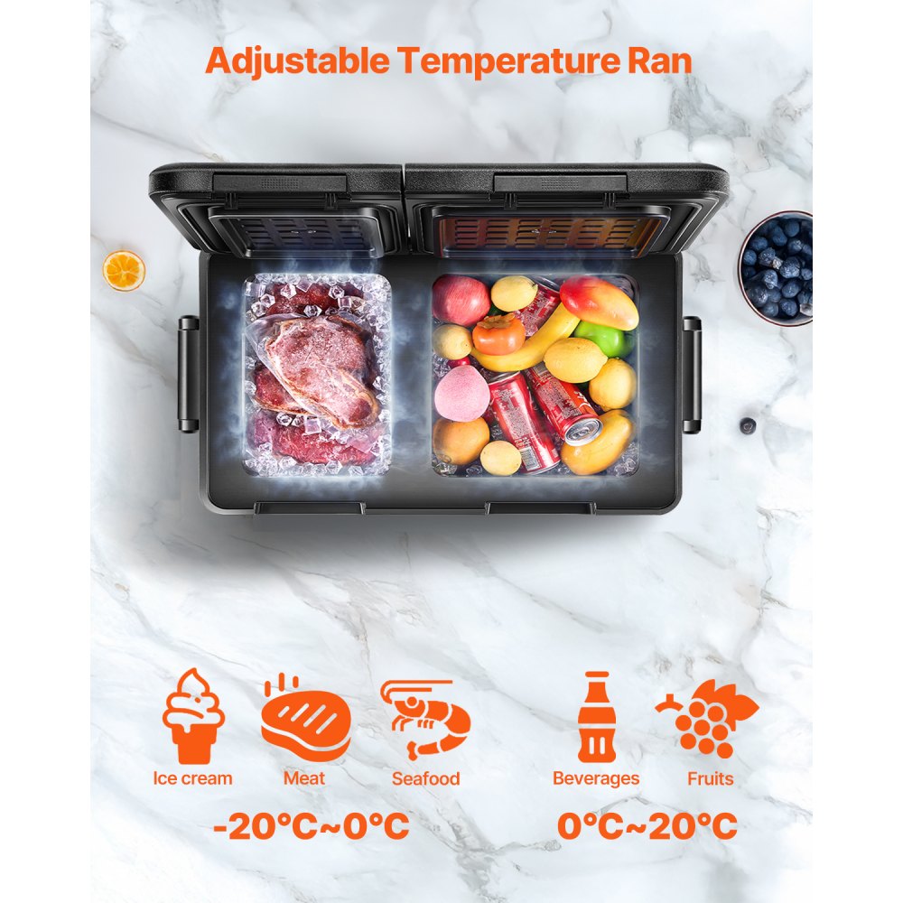 VEVOR Portable Car Refrigerator, 45L Car Refrigerator Fridge, 12V/24V/100-240V Dual Zone Portable Freezer, -18℃ to 10℃ Adjustable Temperature, Compressor Cooler for Home, Outdoor, Camping, RV, Car
