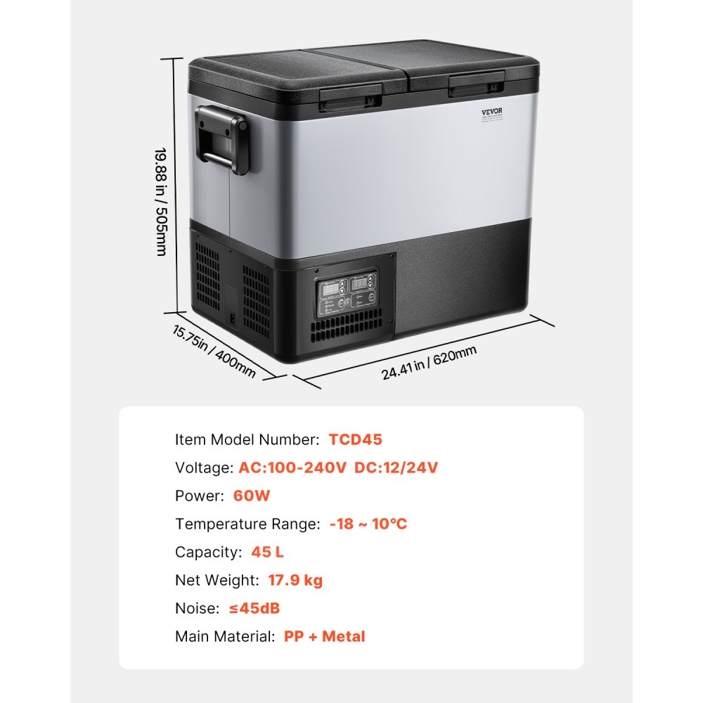 VEVOR Portable Car Refrigerator, 45L Car Refrigerator Fridge, 12V/24V/100-240V Dual Zone Portable Freezer, -18℃ to 10℃ Adjustable Temperature, Compressor Cooler for Home, Outdoor, Camping, RV, Car