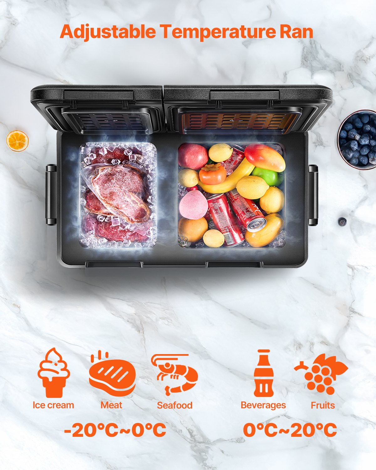 VEVOR Portable Car Refrigerator, 45L Car Refrigerator Fridge, 12V/24V/100-240V Dual Zone Portable Freezer, -18℃ to 10℃ Adjustable Temperature, Compressor Cooler for Home, Outdoor, Camping, RV, Car