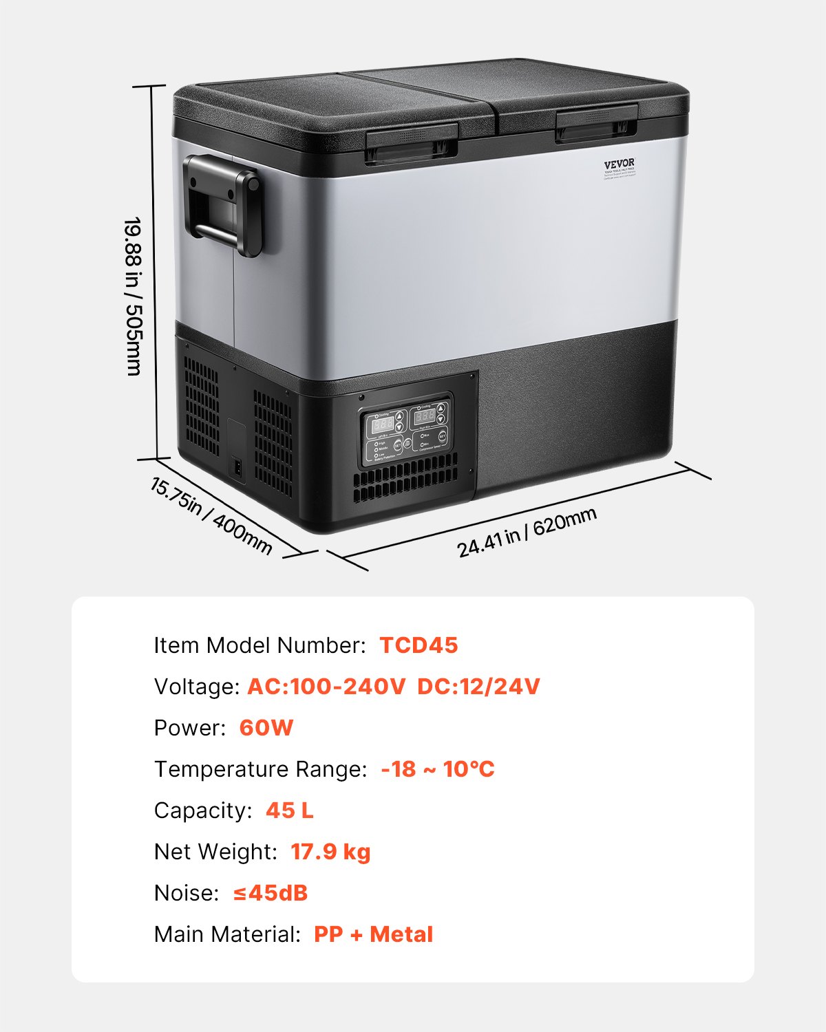 VEVOR Portable Car Refrigerator, 45L Car Refrigerator Fridge, 12V/24V/100-240V Dual Zone Portable Freezer, -18℃ to 10℃ Adjustable Temperature, Compressor Cooler for Home, Outdoor, Camping, RV, Car