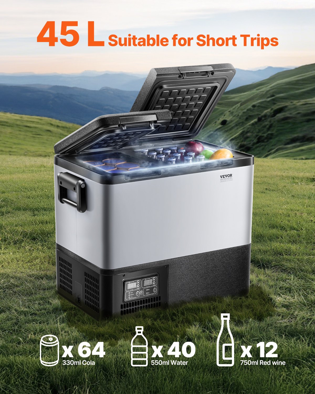 VEVOR Portable Car Refrigerator, 45L Car Refrigerator Fridge, 12V/24V/100-240V Dual Zone Portable Freezer, -18℃ to 10℃ Adjustable Temperature, Compressor Cooler for Home, Outdoor, Camping, RV, Car