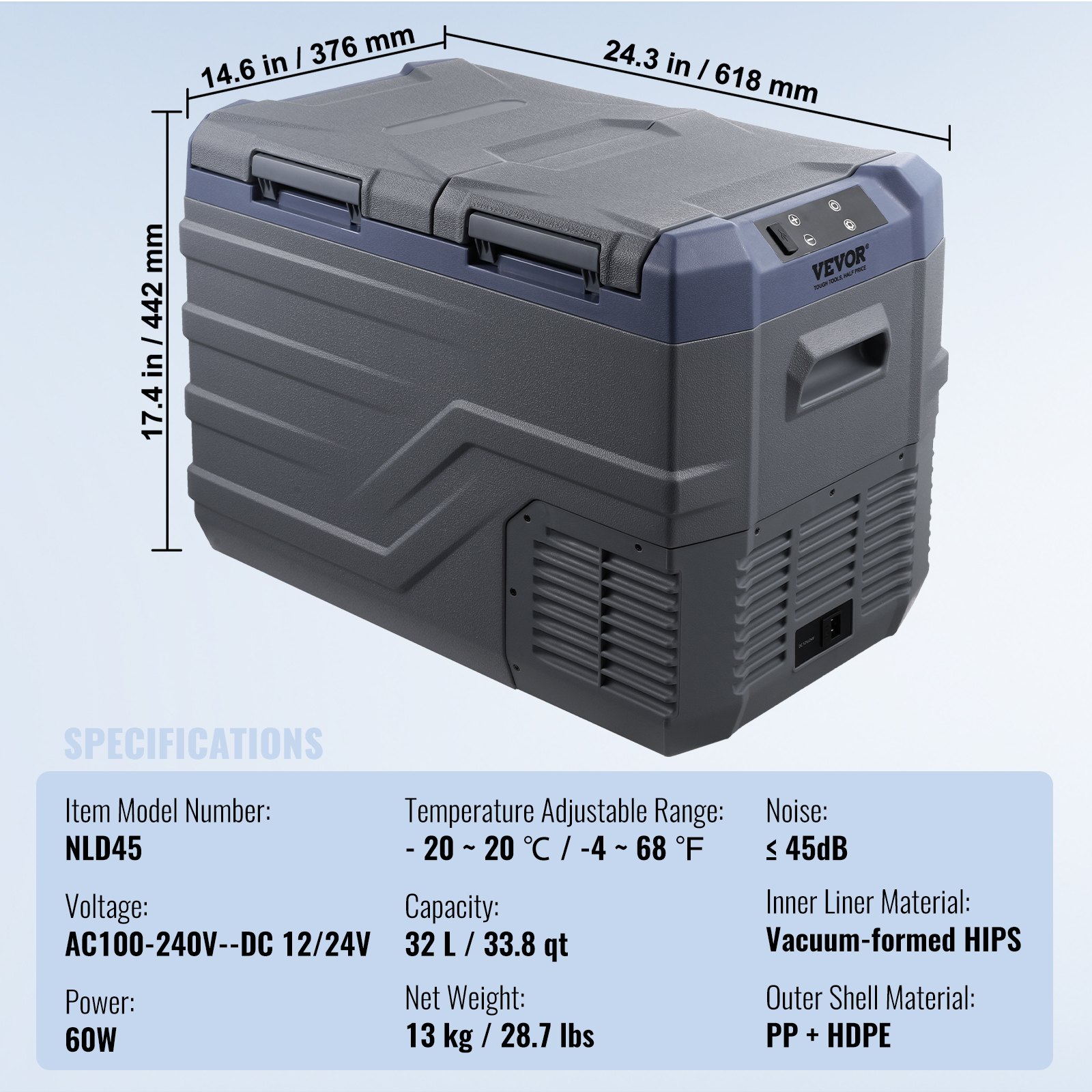 VEVOR Car Refrigerator, 32 L Dual Zone Portable Freezer, 12 Volt Car Refrigerator Fridge, -4℉-68℉ Adjustable Range, 12/24V DC and 100-240V AC Compressor Cooler for Outdoor, Camping, RV