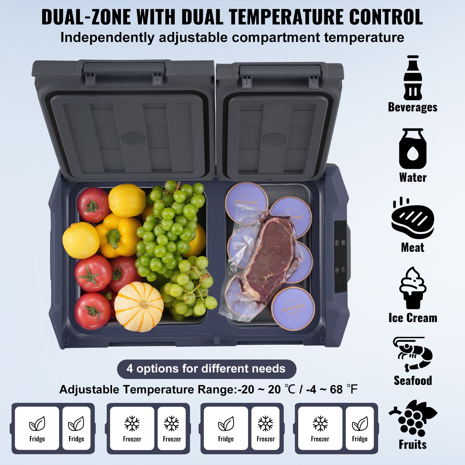 VEVOR Car Refrigerator, 12 Volt Car Refrigerator Fridge, 32 L Dual Zone Portable Freezer, -4℉-68℉ Adjustable Range, 12/24V DC and 100-240V AC Compressor Cooler for Outdoor, Camping, RV