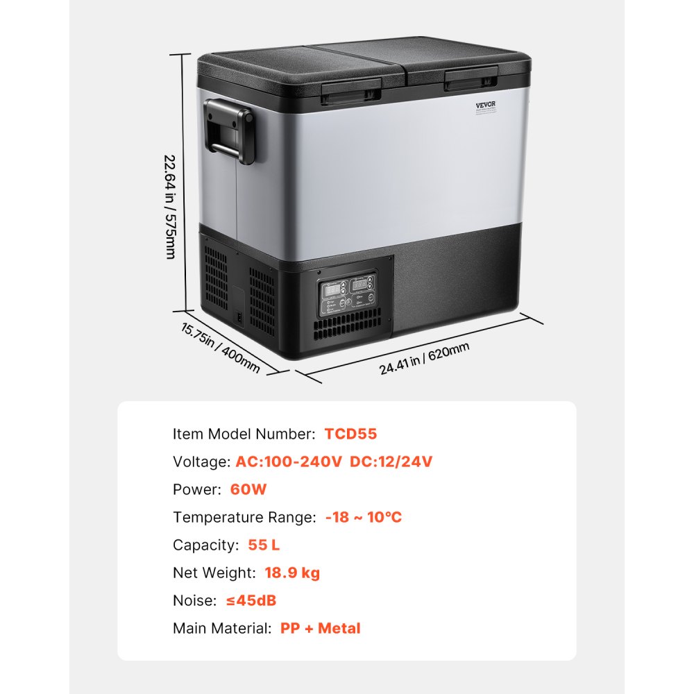 VEVOR Portable Car Refrigerator, 55L Car Refrigerator Fridge, 12V/24V/100-240V Dual Zone Portable Freezer, -18℃ to 10℃ Adjustable Temperature, Compressor Cooler for Home, Outdoor, Camping, RV, Car