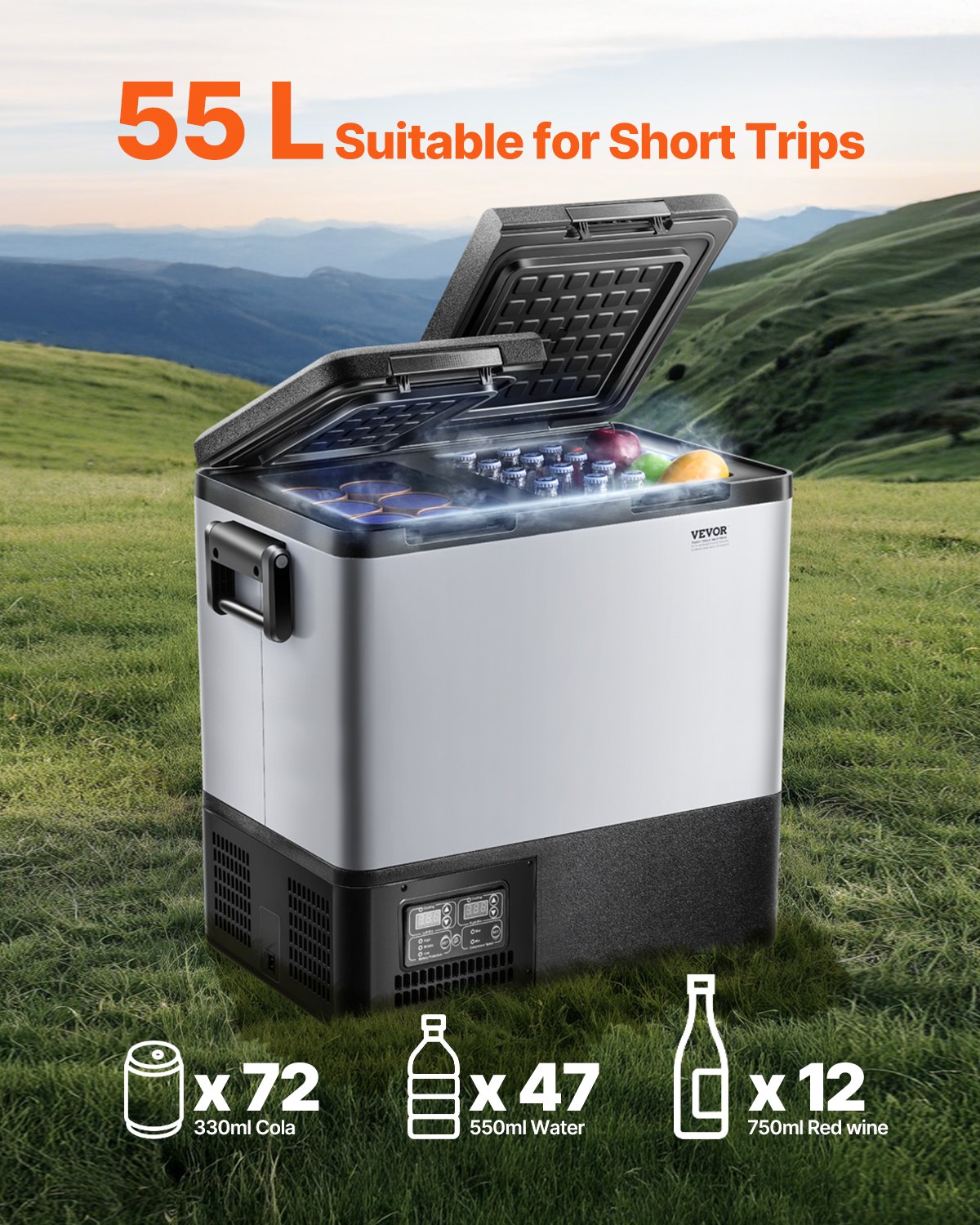 VEVOR Portable Car Refrigerator, 55L Car Refrigerator Fridge, 12V/24V/100-240V Dual Zone Portable Freezer, -18℃ to 10℃ Adjustable Temperature, Compressor Cooler for Home, Outdoor, Camping, RV, Car