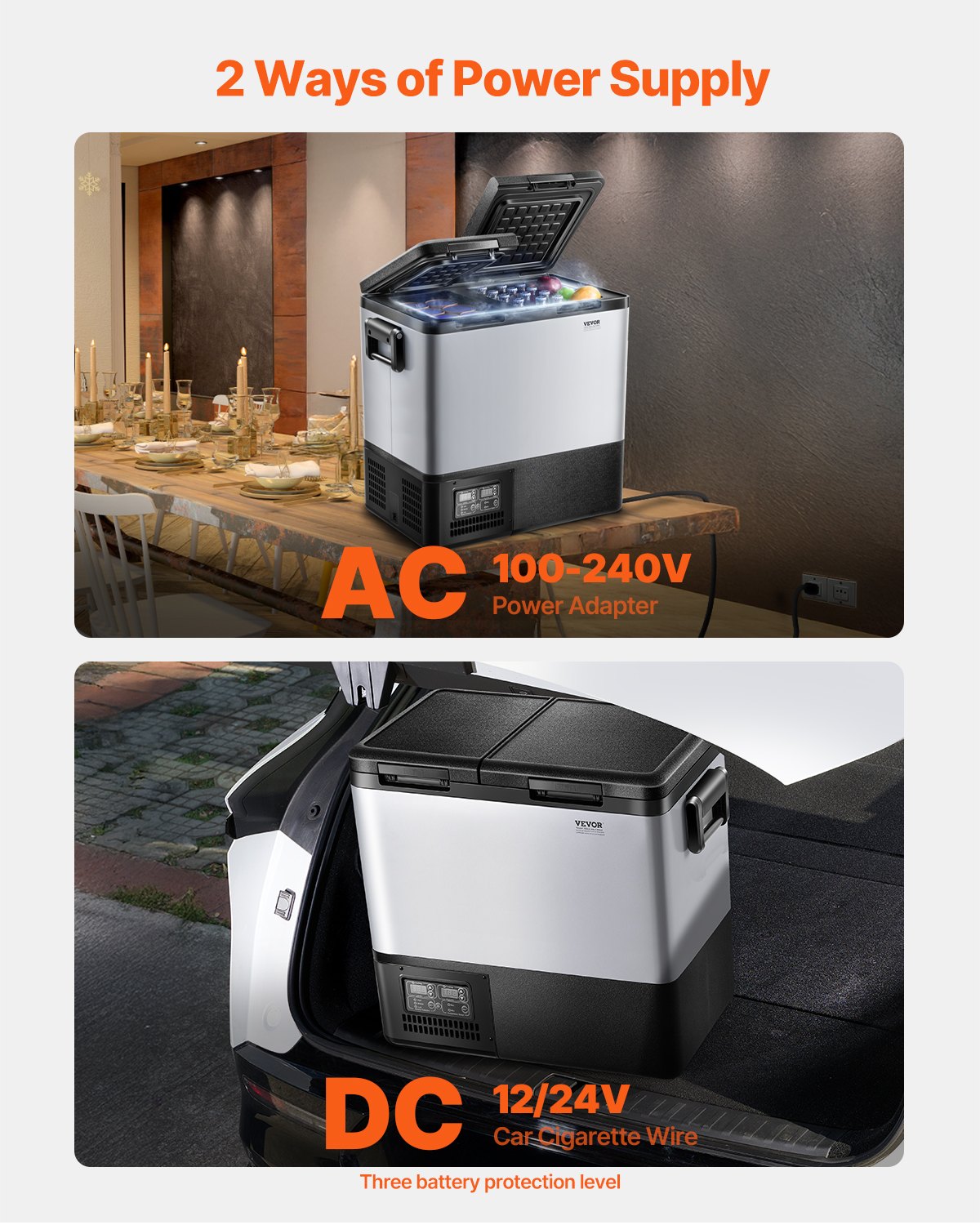 VEVOR Portable Car Refrigerator, 55L Car Refrigerator Fridge, 12V/24V/100-240V Dual Zone Portable Freezer, -18℃ to 10℃ Adjustable Temperature, Compressor Cooler for Home, Outdoor, Camping, RV, Car