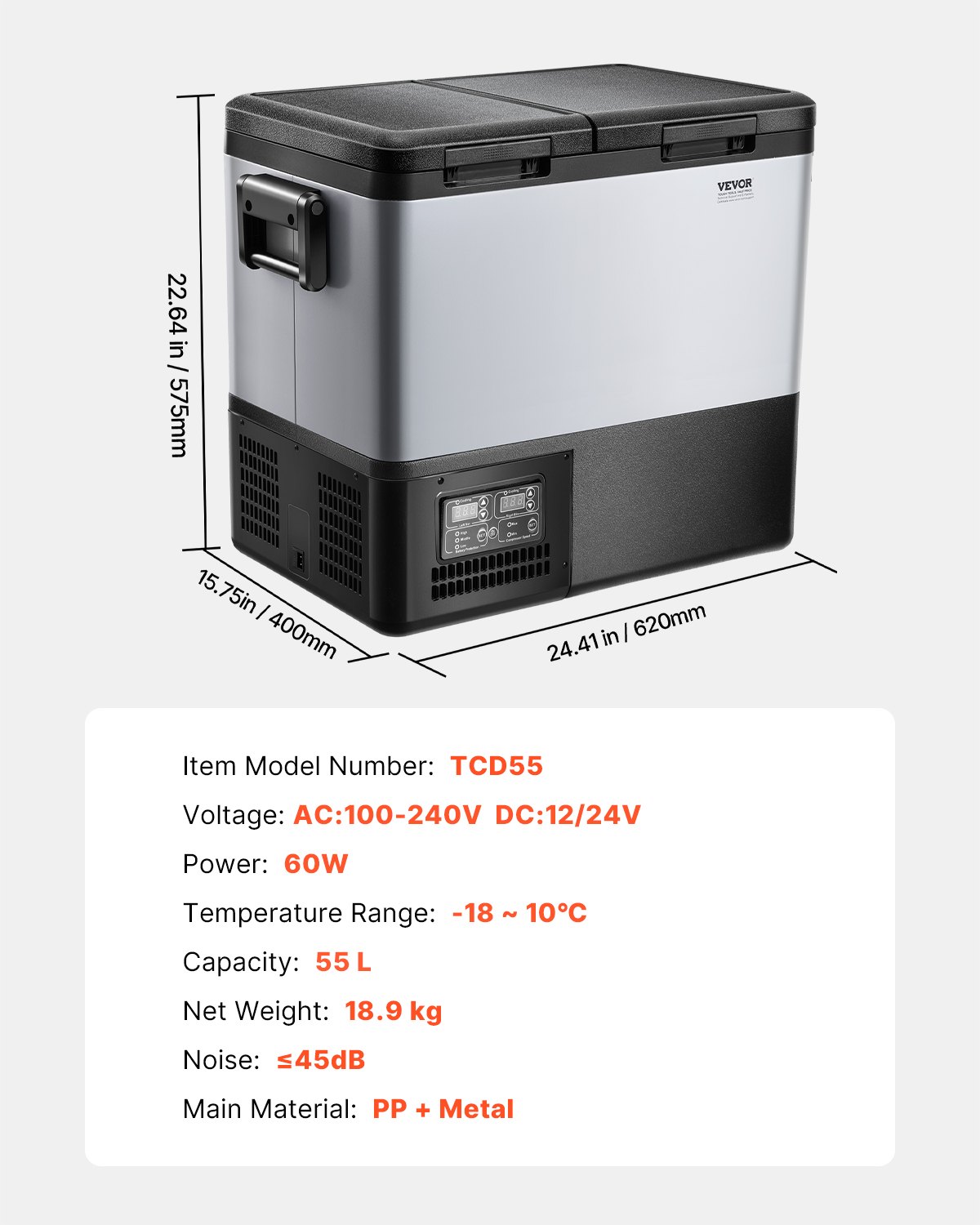 VEVOR Portable Car Refrigerator, 55L Car Refrigerator Fridge, 12V/24V/100-240V Dual Zone Portable Freezer, -18℃ to 10℃ Adjustable Temperature, Compressor Cooler for Home, Outdoor, Camping, RV, Car