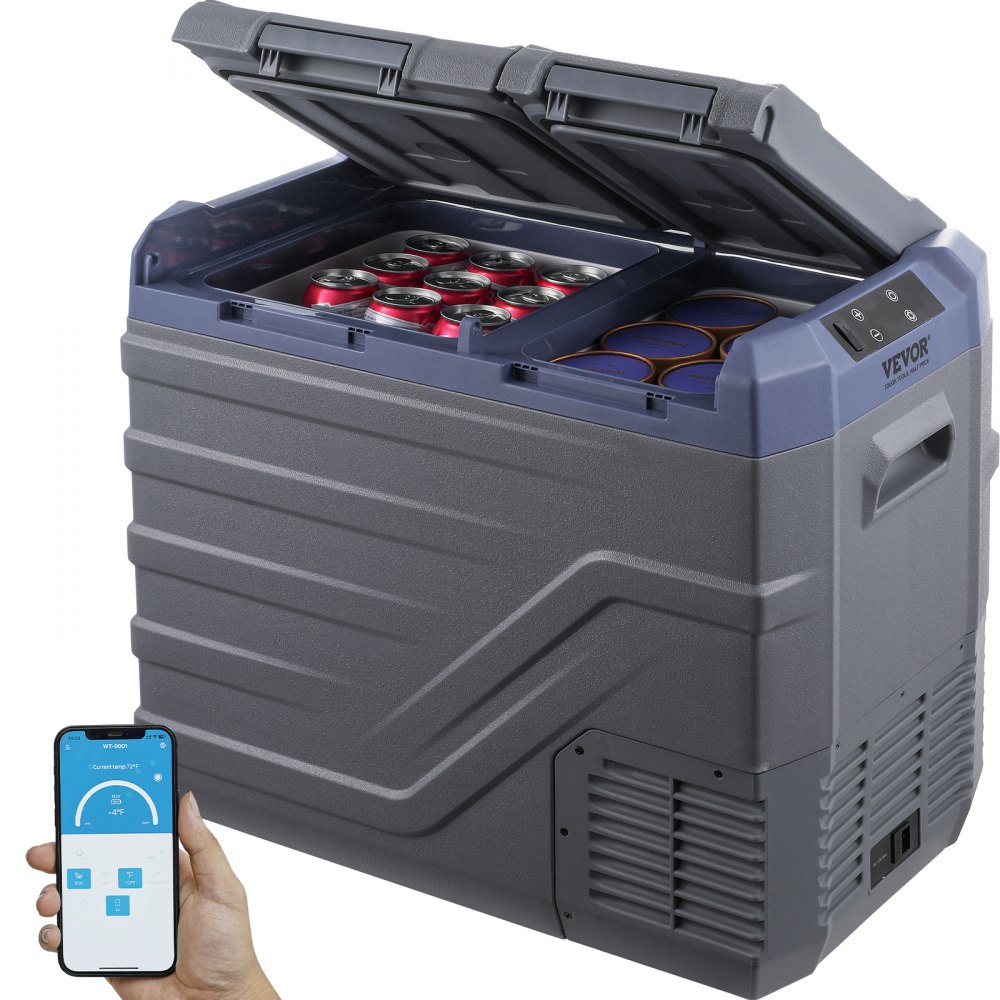 VEVOR car refrigerator freezer with dual compartments, holding drinks, and smartphone app control.