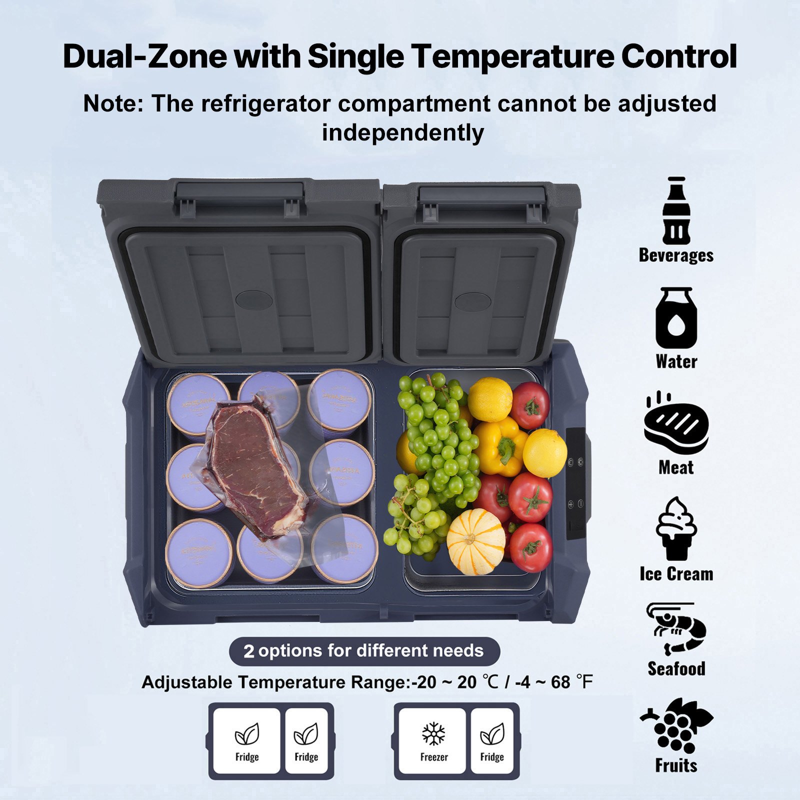 VEVOR Car Refrigerator, 39 L Dual Zone Portable Freezer, 12 Volt Car Refrigerator Fridge, -4℉-68℉ Adjustable Range, 12/24V DC and 100-240V AC Compressor Cooler for Outdoor, Camping, RV