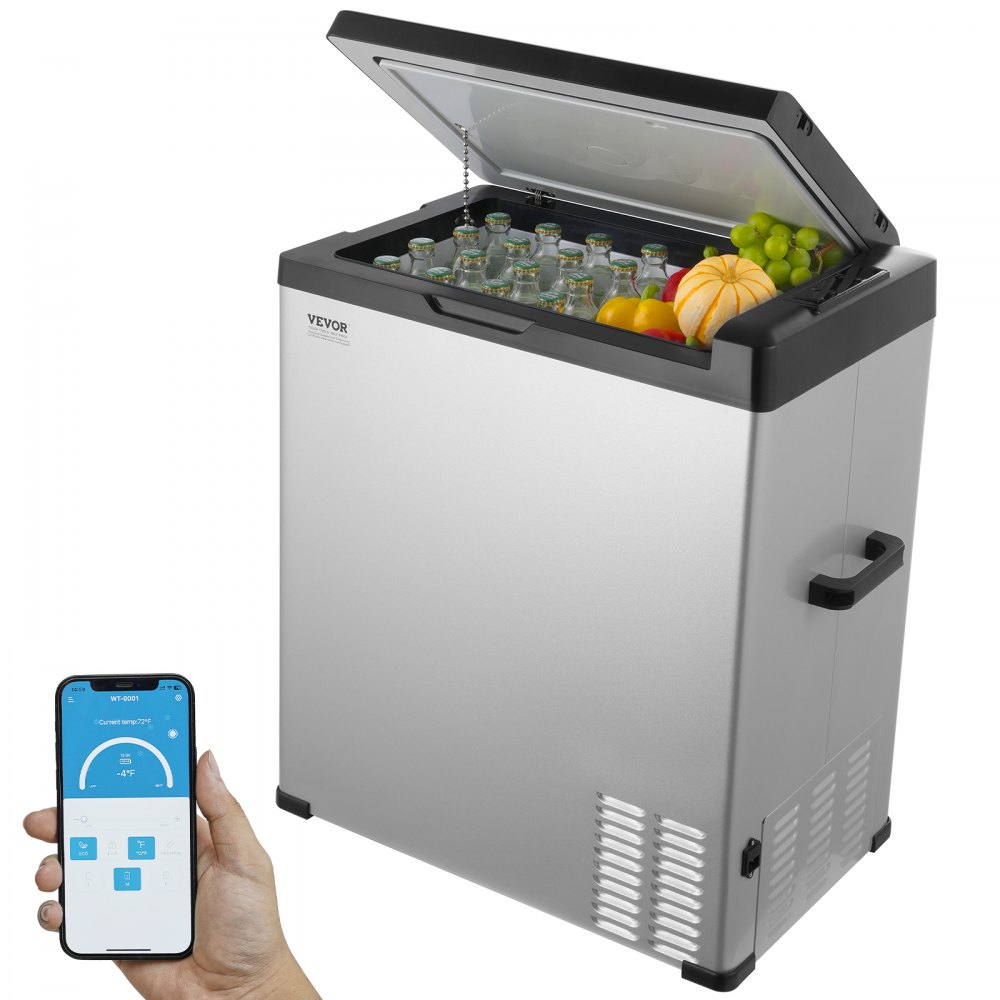 Refrigerador portátil para automóvil VEVOR, tapa abierta con botellas y frutas, controlado a través de aplicación de teléfono inteligente.