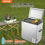 VEVOR portable car refrigerator, 70l capacity, with bottles and fruits, next to a camping table.