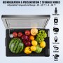 Refrigerador portátil para automóvil VEVOR lleno de frutas y verduras variadas, que muestra capacidad de almacenamiento.