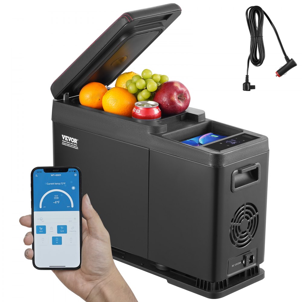 VEVOR portable car refrigerator with fruits, smartphone app display, and charging cable.