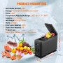 Refrigerador portátil para automóvil VEVOR con frutas y hielo, destacando los parámetros y dimensiones del producto.