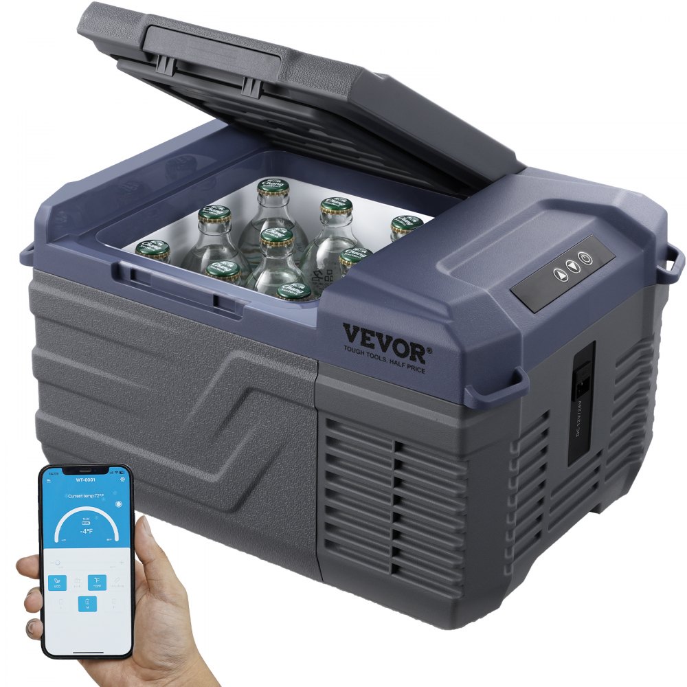 VEVOR portable car refrigerator with bottles inside, partially open lid, and a connected smartphone app.