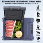 VEVOR portable car refrigerator with open lid, showing separated compartments for meat and fruits.