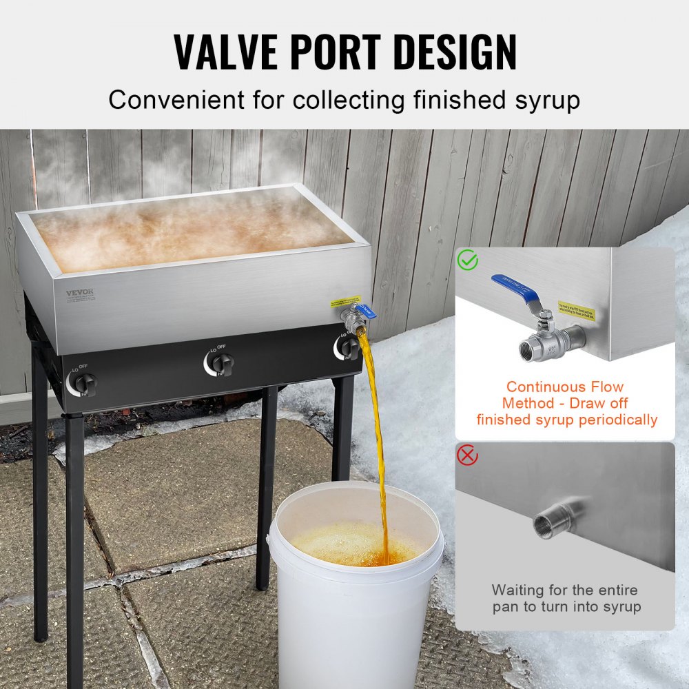 VEVOR Maple Syrup Evaporator Pan, 11.2 Gallon, 162 Cups of 8.8oz Maple Syrup, Flat Evaporator Pan with 1 Valve and 3 Heating Methods, 304 Stainless Steel Maple Syrup Pan for Home, Outdoor