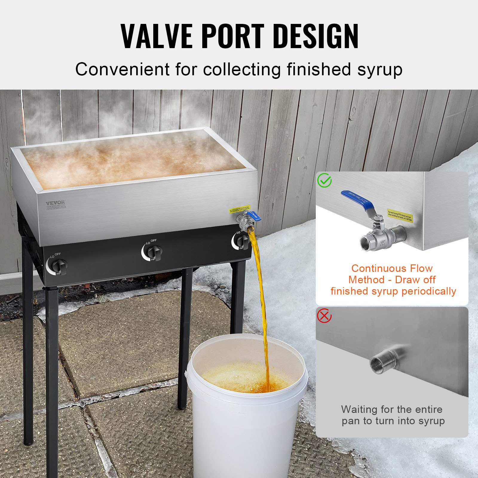 VEVOR Maple Syrup Evaporator Pan, 11.2 Gallon, 162 Cups of 8.8oz Maple Syrup, Flat Evaporator Pan with 1 Valve and 3 Heating Methods, 304 Stainless Steel Maple Syrup Pan for Home, Outdoor