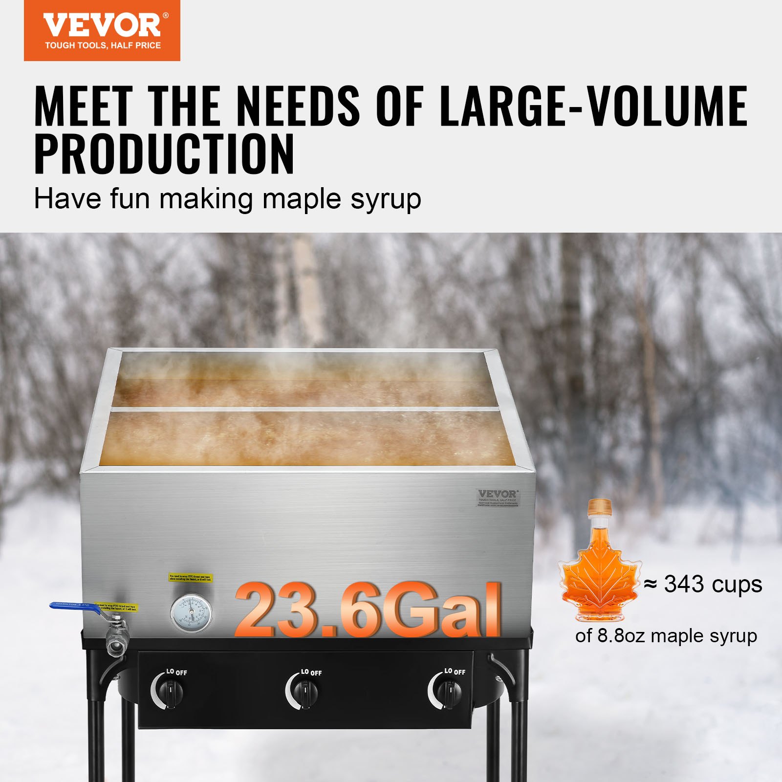 VEVOR Maple Syrup Evaporator Pan, 23.6 Gallon, 343 Cups of 8.8oz Maple Syrup, Flat Evaporator Pan with Thermometer, 1 Valve and 3 Heating Methods, 304 Stainless Steel Maple Syrup Pan for Home, Outdoor