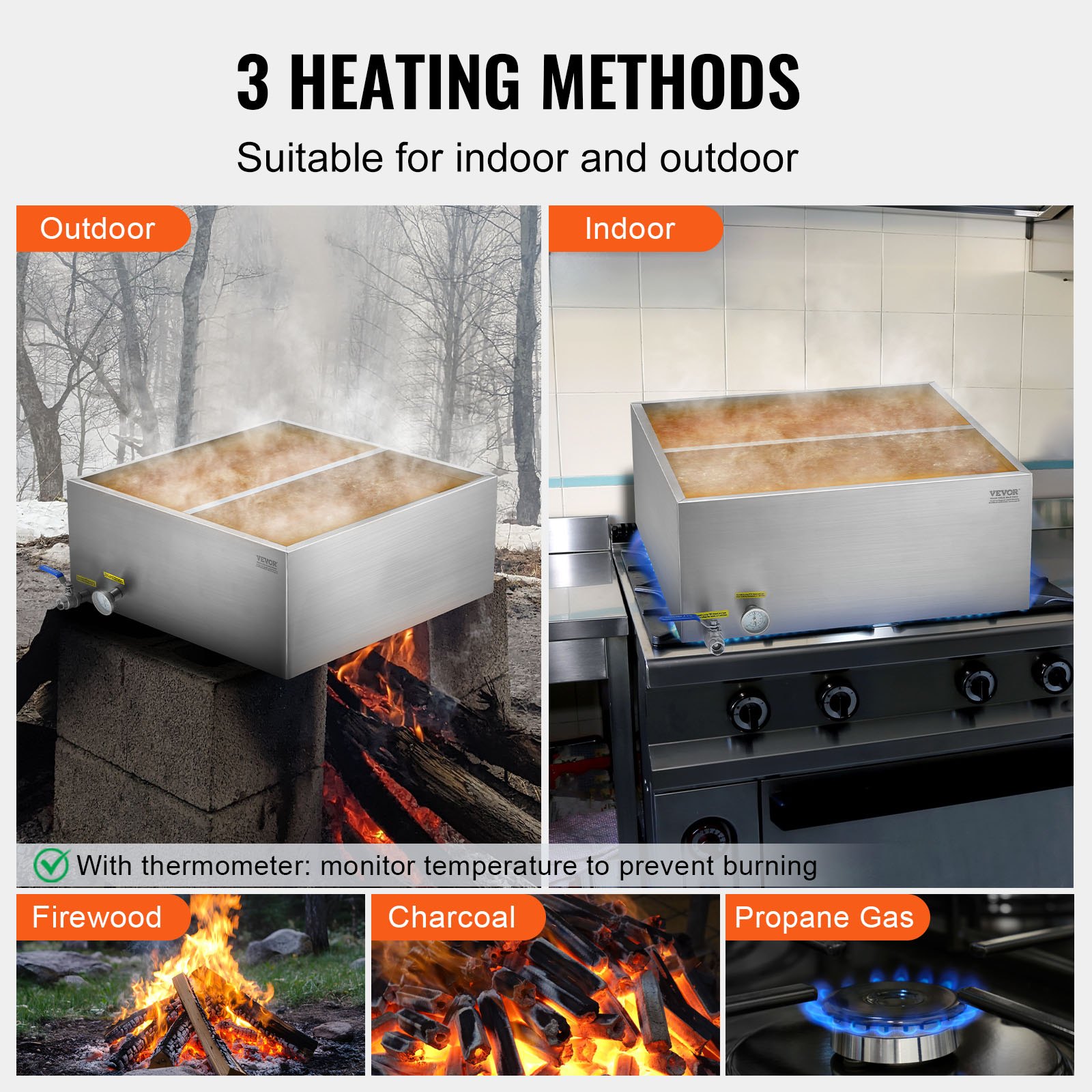 VEVOR Maple Syrup Evaporator Pan, 23.6 Gallon, 343 Cups of 8.8oz Maple Syrup, Flat Evaporator Pan with Thermometer, 1 Valve and 3 Heating Methods, 304 Stainless Steel Maple Syrup Pan for Home, Outdoor