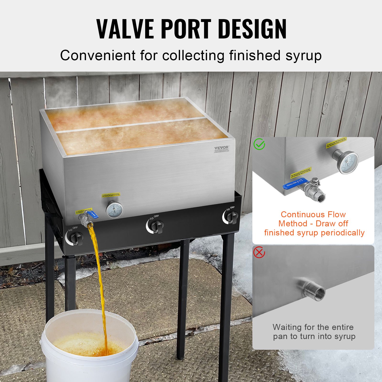 VEVOR Maple Syrup Evaporator Pan, 23.6 Gallon, 343 Cups of 8.8oz Maple Syrup, Flat Evaporator Pan with Thermometer, 1 Valve and 3 Heating Methods, 304 Stainless Steel Maple Syrup Pan for Home, Outdoor