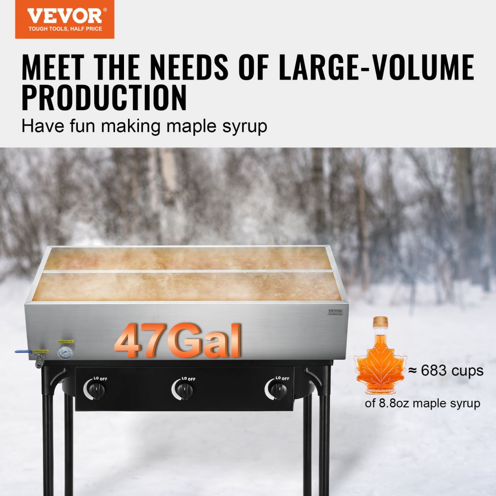 VEVOR Maple Syrup Evaporator Pan, 47 Gallon, 683 Cups of 8.8oz Maple Syrup, Flat Evaporator Pan with Thermometer, 1 Valve and 3 Heating Methods, 304 Stainless Steel Maple Syrup Pan for Home, Outdoor