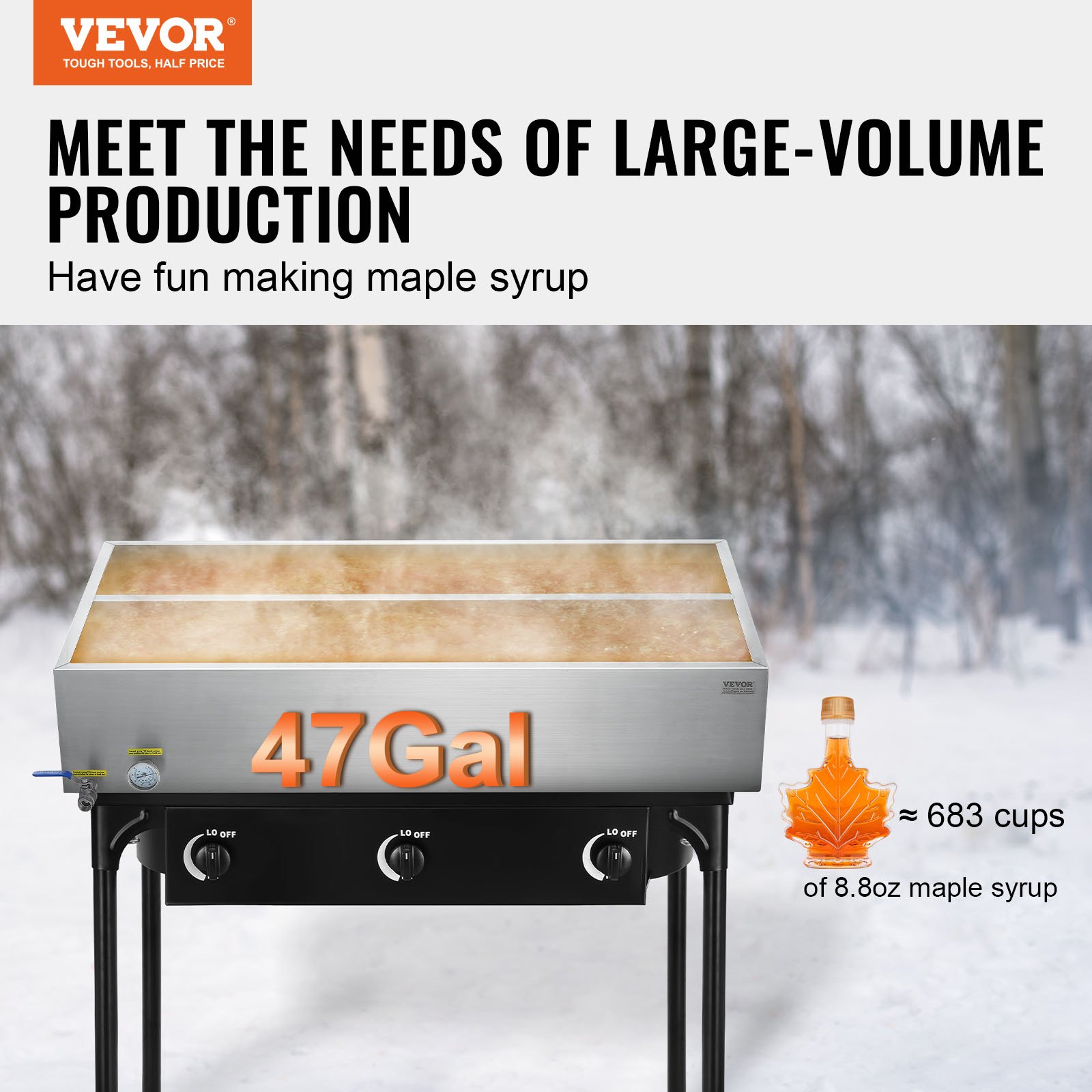 VEVOR Maple Syrup Evaporator Pan, 47 Gallon, 683 Cups of 8.8oz Maple Syrup, Flat Evaporator Pan with Thermometer, 1 Valve and 3 Heating Methods, 304 Stainless Steel Maple Syrup Pan for Home, Outdoor