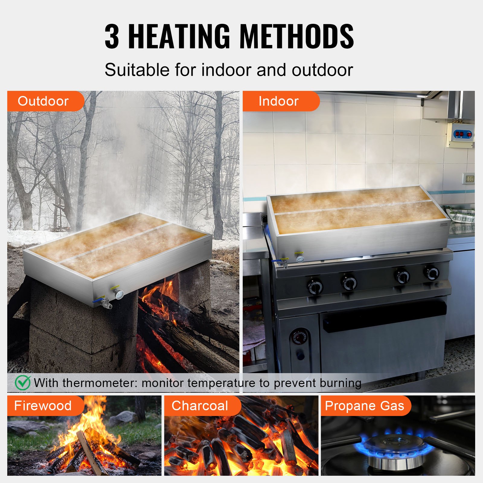 VEVOR Maple Syrup Evaporator Pan, 47 Gallon, 683 Cups of 8.8oz Maple Syrup, Flat Evaporator Pan with Thermometer, 1 Valve and 3 Heating Methods, 304 Stainless Steel Maple Syrup Pan for Home, Outdoor