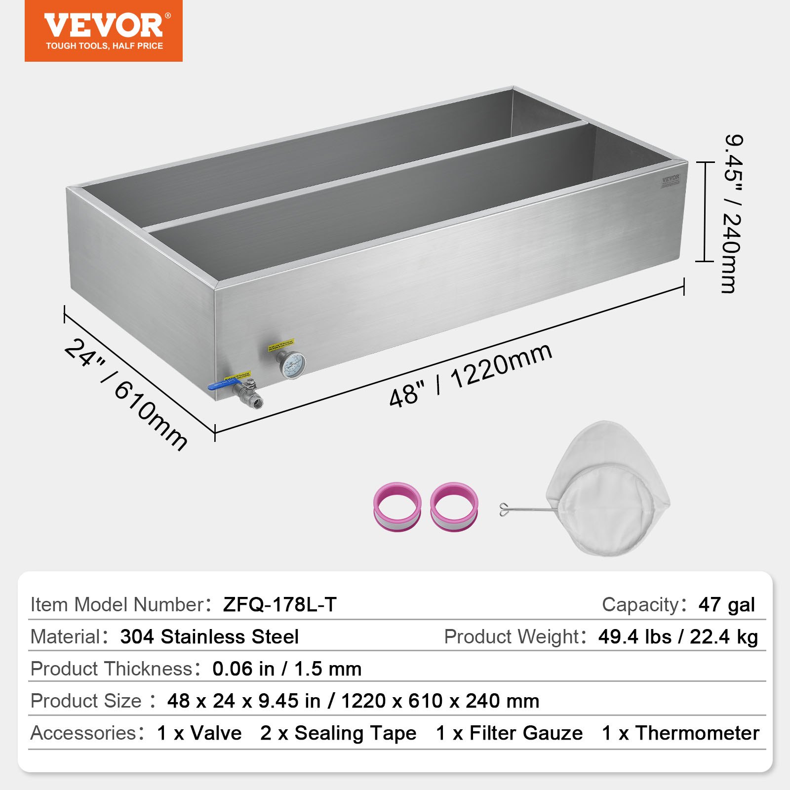 VEVOR Maple Syrup Evaporator Pan, 47 Gallon, 683 Cups of 8.8oz Maple Syrup, Flat Evaporator Pan with Thermometer, 1 Valve and 3 Heating Methods, 304 Stainless Steel Maple Syrup Pan for Home, Outdoor