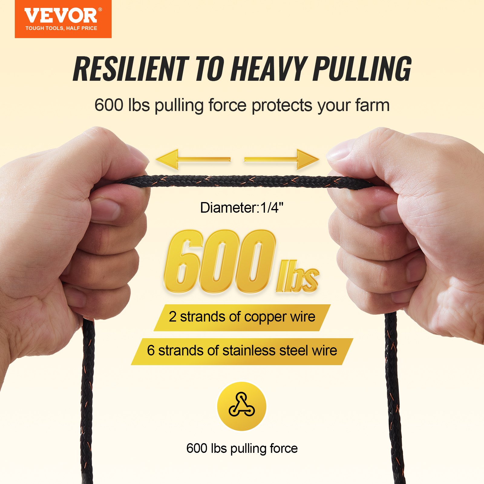 VEVOR Electric Fence Wire, 1000Ft 305M Portable Polywire, 1/4" Diameter 2 Copper Strands for Reliable Conductivity and Rust Resistance, Fencing Rope Line for Horse, Cattle, Livestock