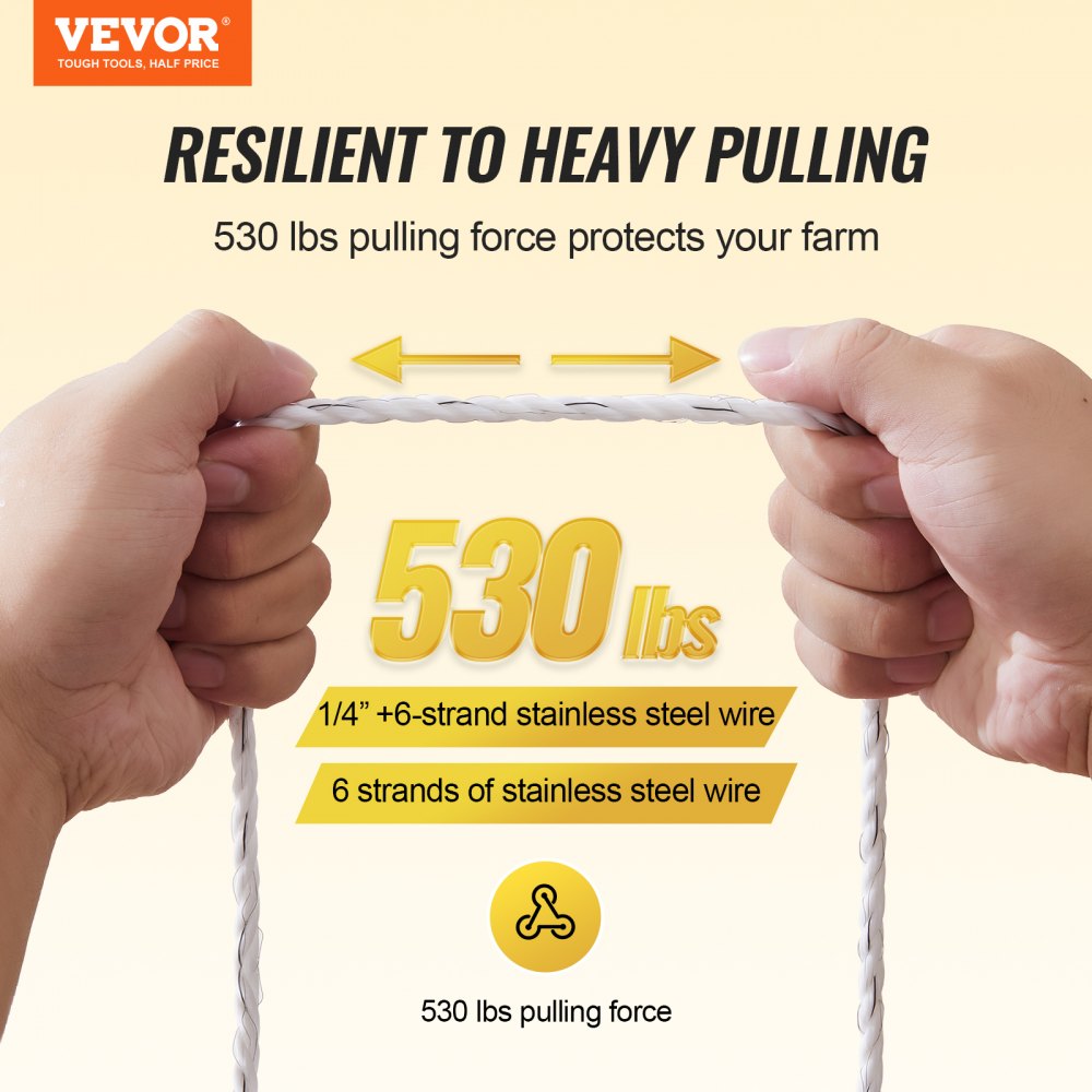 VEVOR Electric Fence Wire, 656Ft 200M Portable Polywire, 1/4" Diameter 6 Stainless Steel Strands for Reliable Conductivity and UV, Rust Resistance, Fencing Rope Line for Horse, Cattle, Livestock