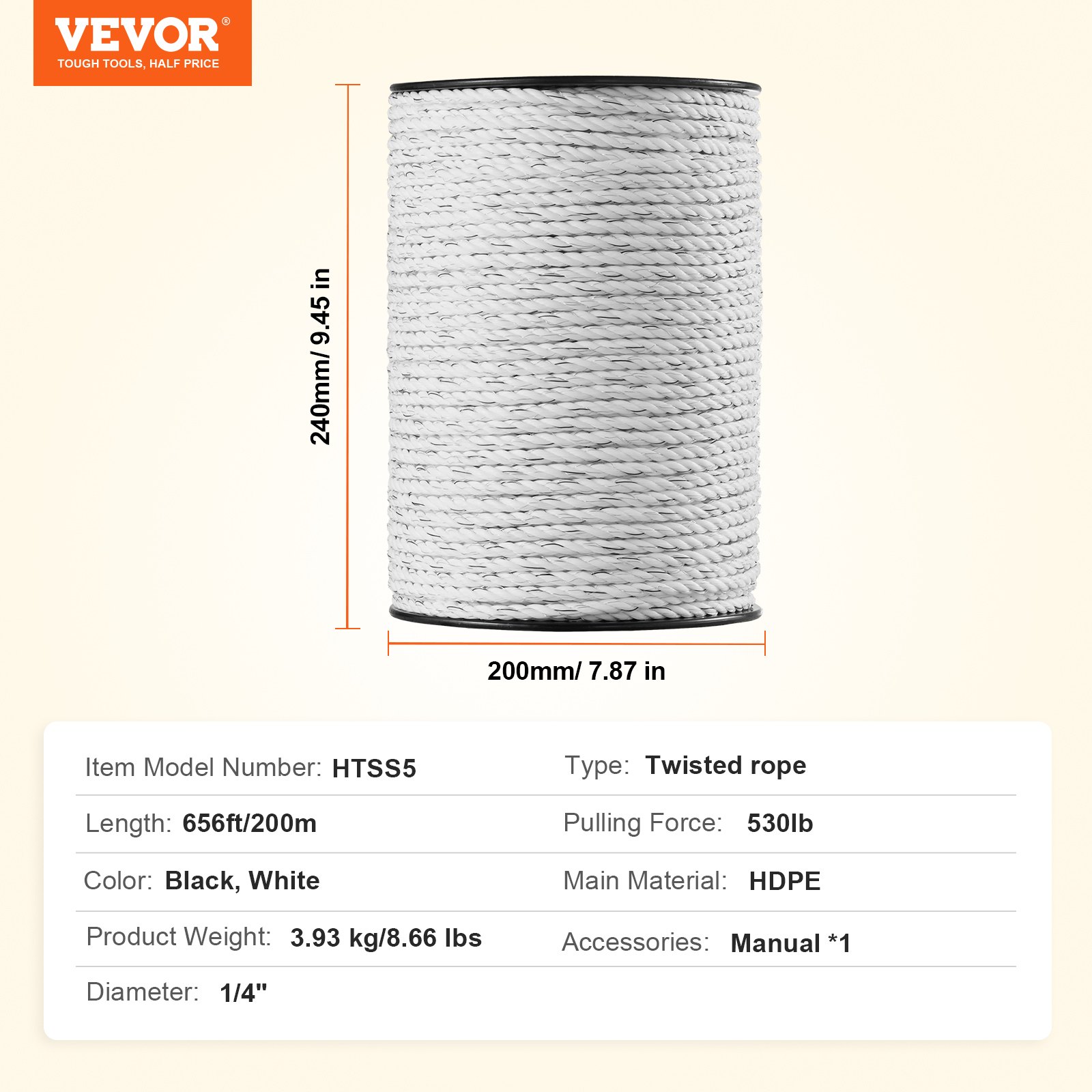 VEVOR Electric Fence Wire, 656Ft 200M Portable Polywire, 1/4" Diameter 6 Stainless Steel Strands for Reliable Conductivity and UV, Rust Resistance, Fencing Rope Line for Horse, Cattle, Livestock